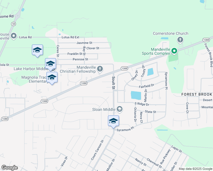 map of restaurants, bars, coffee shops, grocery stores, and more near 1076 Jordan Street in Mandeville