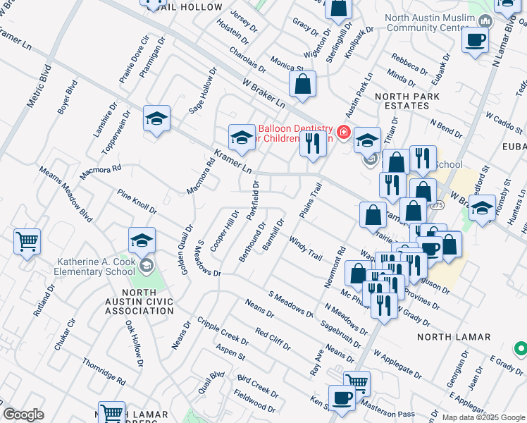 map of restaurants, bars, coffee shops, grocery stores, and more near 10712 Berthound Drive in Austin