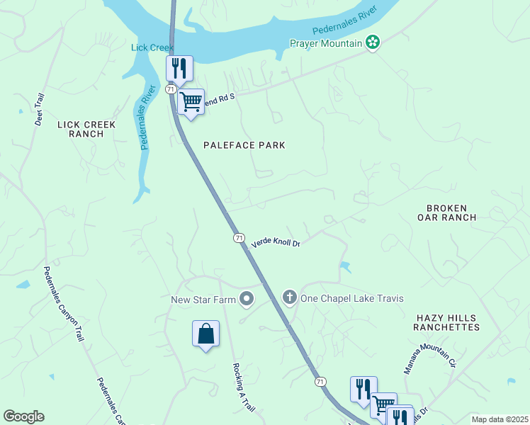 map of restaurants, bars, coffee shops, grocery stores, and more near 23114 State Highway 71 in Spicewood