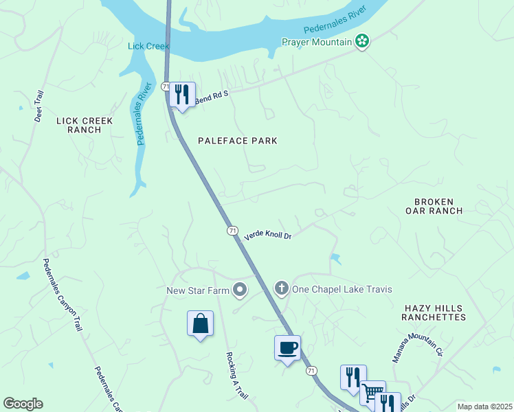 map of restaurants, bars, coffee shops, grocery stores, and more near 23114 State Highway 71 in Spicewood