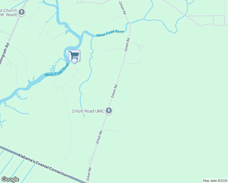 map of restaurants, bars, coffee shops, grocery stores, and more near Zirlott Road in Coden