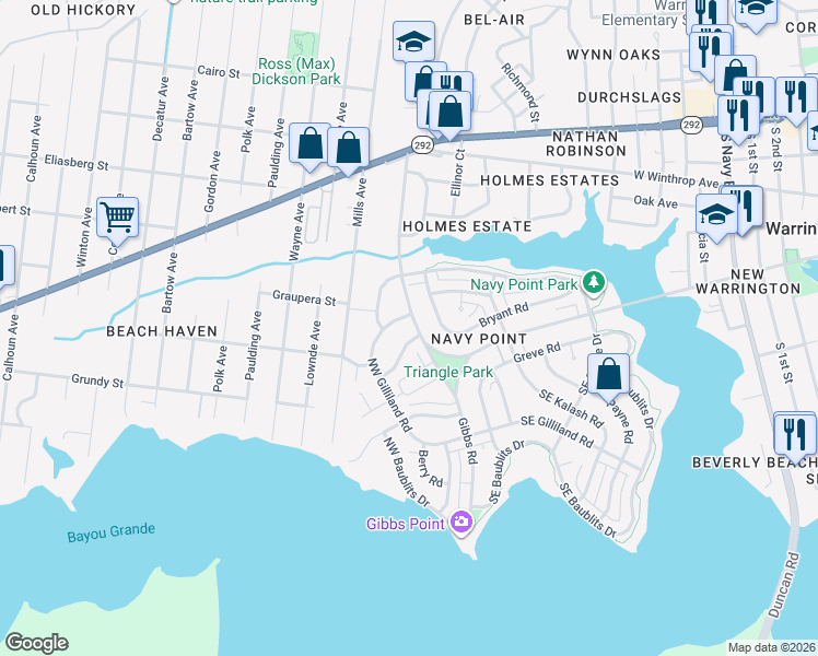 map of restaurants, bars, coffee shops, grocery stores, and more near 403 West Sunset Avenue in Pensacola