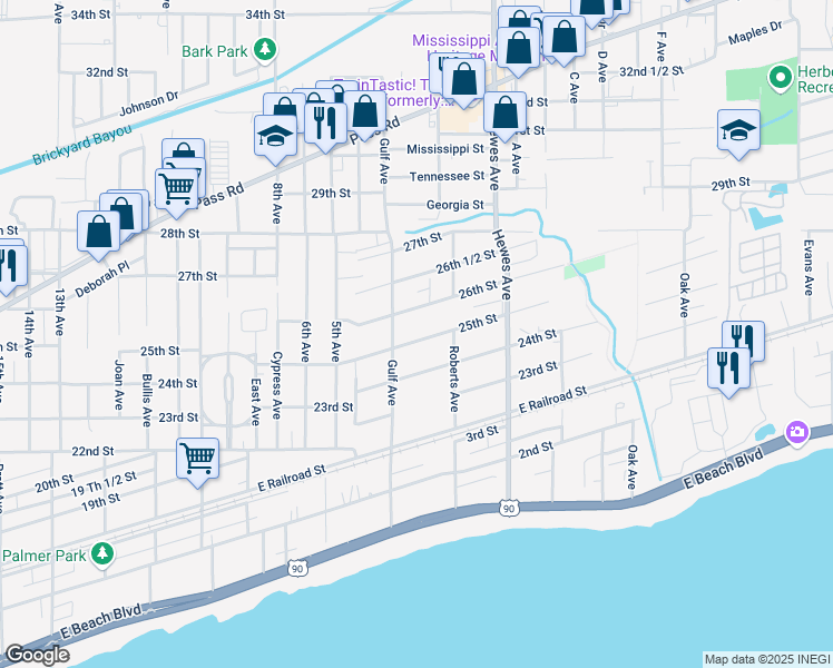 map of restaurants, bars, coffee shops, grocery stores, and more near 732 25th Street in Gulfport