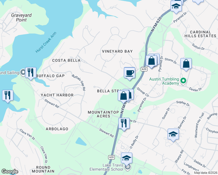 map of restaurants, bars, coffee shops, grocery stores, and more near 107 Bella Strada Cove in Austin