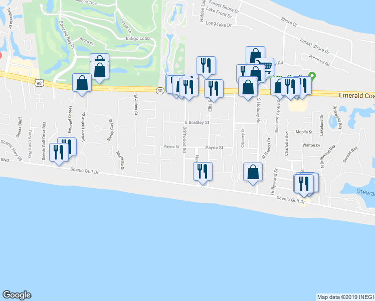 map of restaurants, bars, coffee shops, grocery stores, and more near 286 Payne Street in Miramar Beach