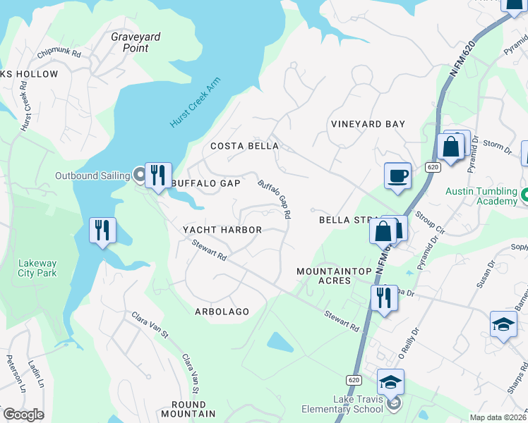 map of restaurants, bars, coffee shops, grocery stores, and more near 16100 Aqua Azul Path in Austin