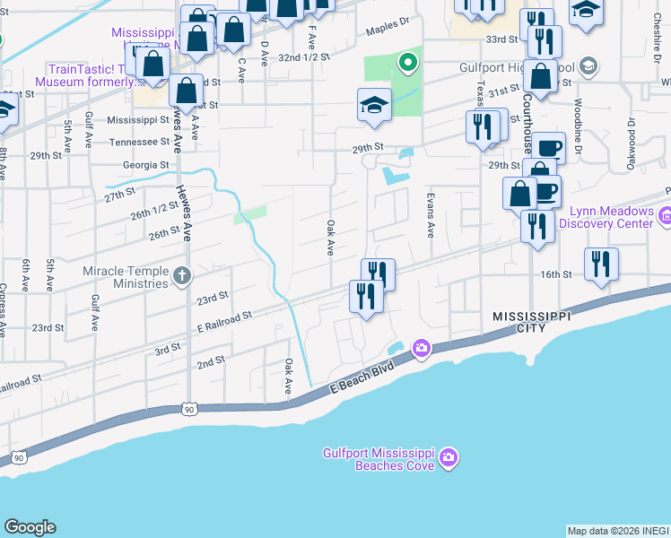 map of restaurants, bars, coffee shops, grocery stores, and more near 129 23rd Street in Gulfport