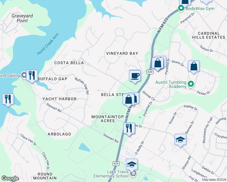 map of restaurants, bars, coffee shops, grocery stores, and more near 107 Bella Strada Cove in Austin