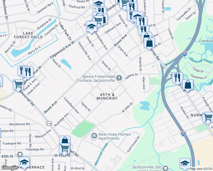 map of restaurants, bars, coffee shops, grocery stores, and more near 1797 Rutledge Oaks Lane in Jacksonville