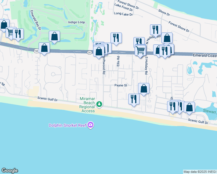 map of restaurants, bars, coffee shops, grocery stores, and more near 60 Sandprints Drive in Miramar Beach