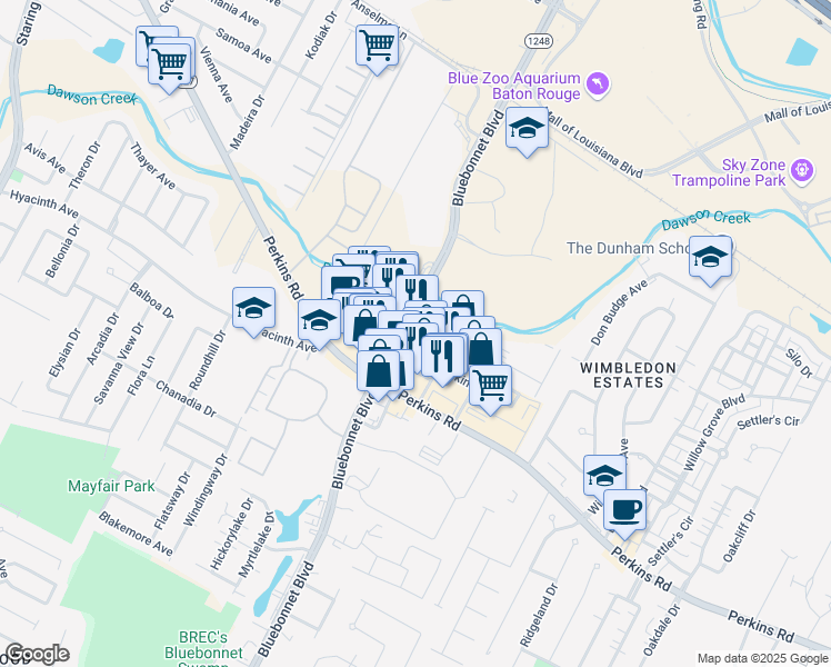 map of restaurants, bars, coffee shops, grocery stores, and more near 7601 Park Rowe Avenue in Baton Rouge