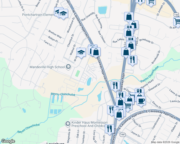 map of restaurants, bars, coffee shops, grocery stores, and more near 1204 Magnolia Alley in Mandeville