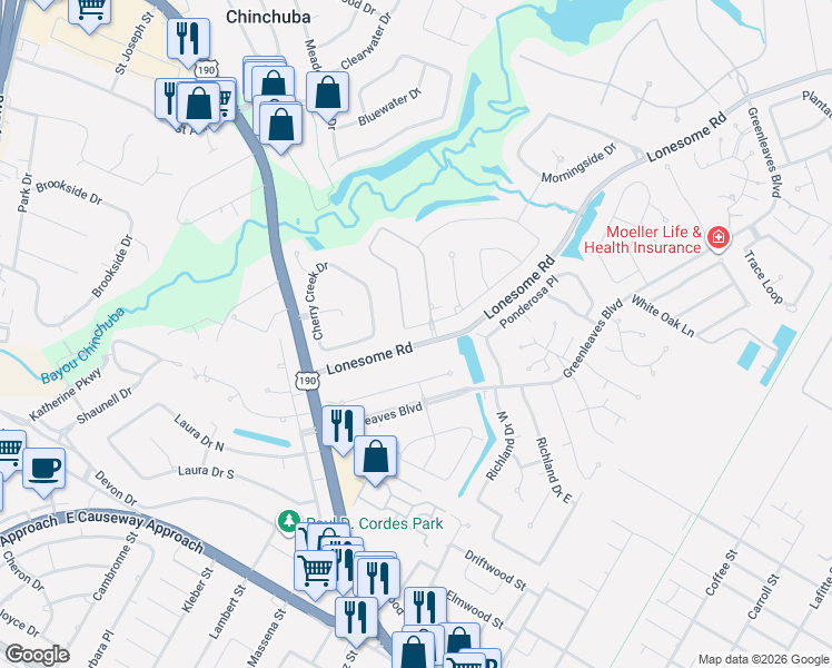 map of restaurants, bars, coffee shops, grocery stores, and more near 562 Delta Drive in Mandeville