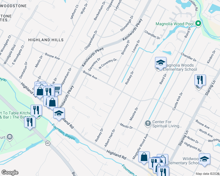 map of restaurants, bars, coffee shops, grocery stores, and more near 611 Louray Drive in Baton Rouge