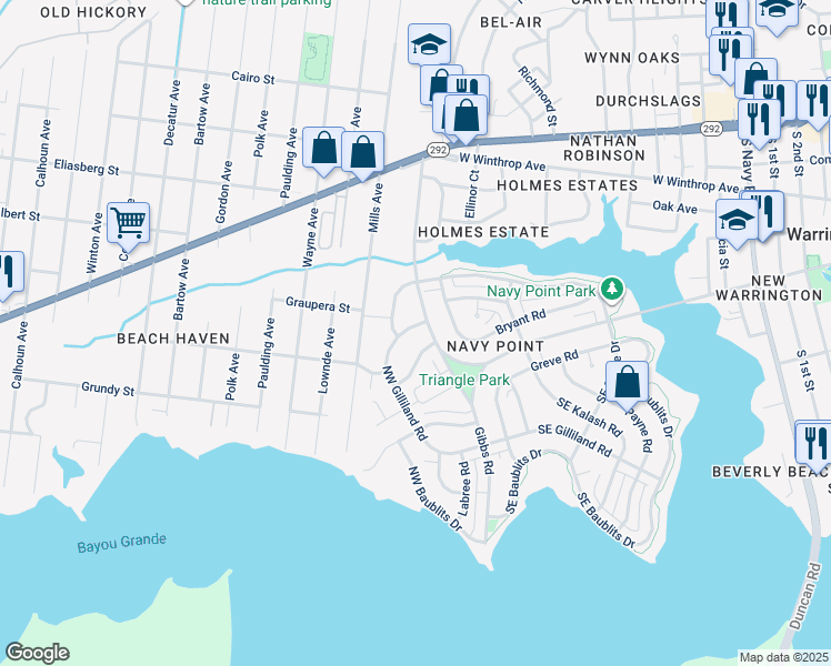map of restaurants, bars, coffee shops, grocery stores, and more near 220 Northwest Gilliland Road in Pensacola