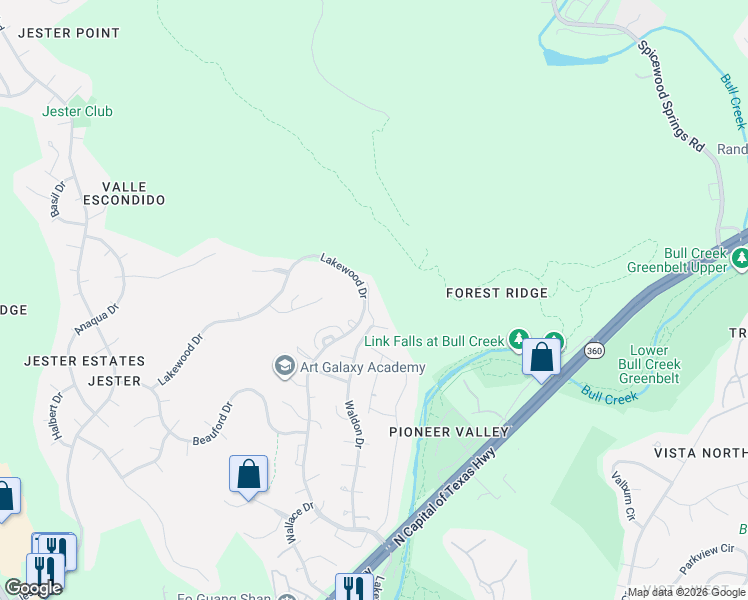 map of restaurants, bars, coffee shops, grocery stores, and more near 7716 Lakewood Drive in Austin