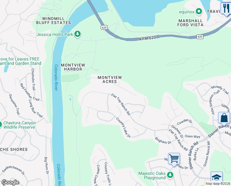map of restaurants, bars, coffee shops, grocery stores, and more near 13612 Flat Top Ranch Road in Austin