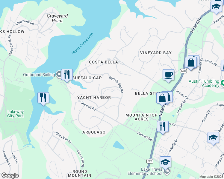 map of restaurants, bars, coffee shops, grocery stores, and more near 16100 Aqua Azul Path in Austin