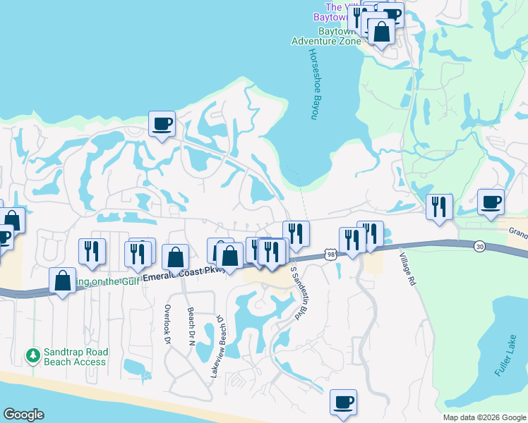 map of restaurants, bars, coffee shops, grocery stores, and more near 612 Bayou Drive in Miramar Beach