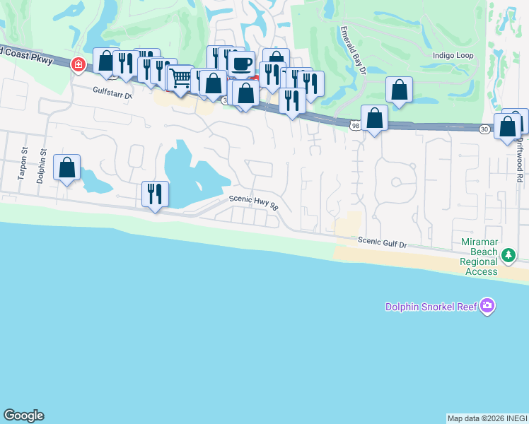map of restaurants, bars, coffee shops, grocery stores, and more near 4793 Ocean Boulevard in Destin
