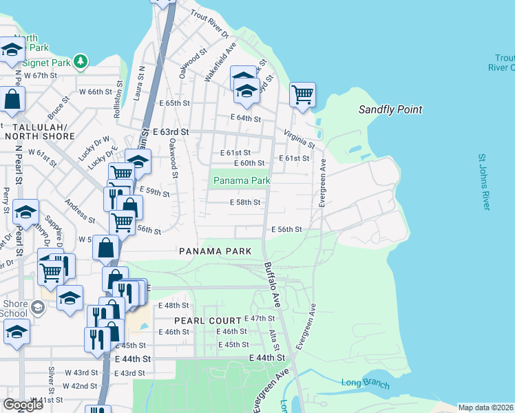 map of restaurants, bars, coffee shops, grocery stores, and more near 630 East 58th Street in Jacksonville