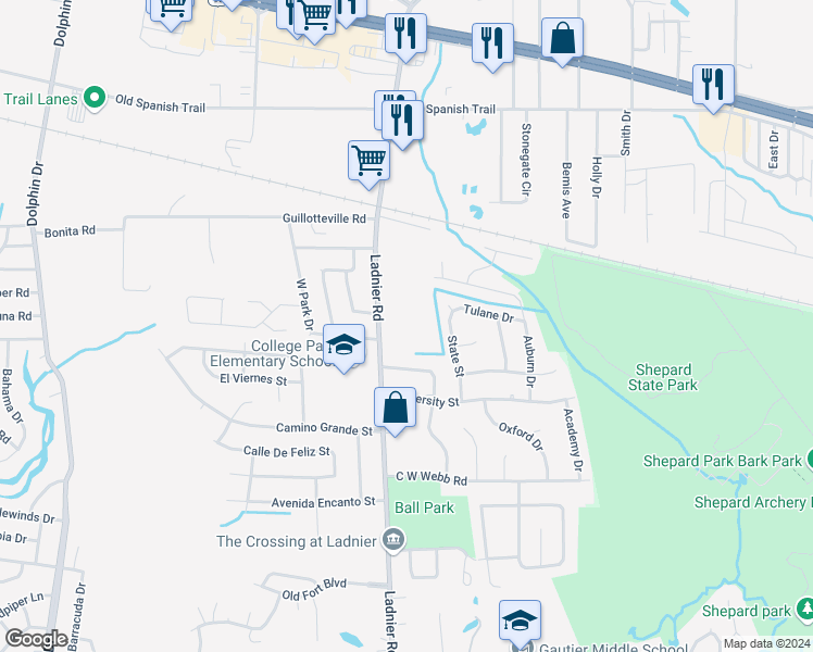 map of restaurants, bars, coffee shops, grocery stores, and more near 2726 Ladnier Road in Gautier