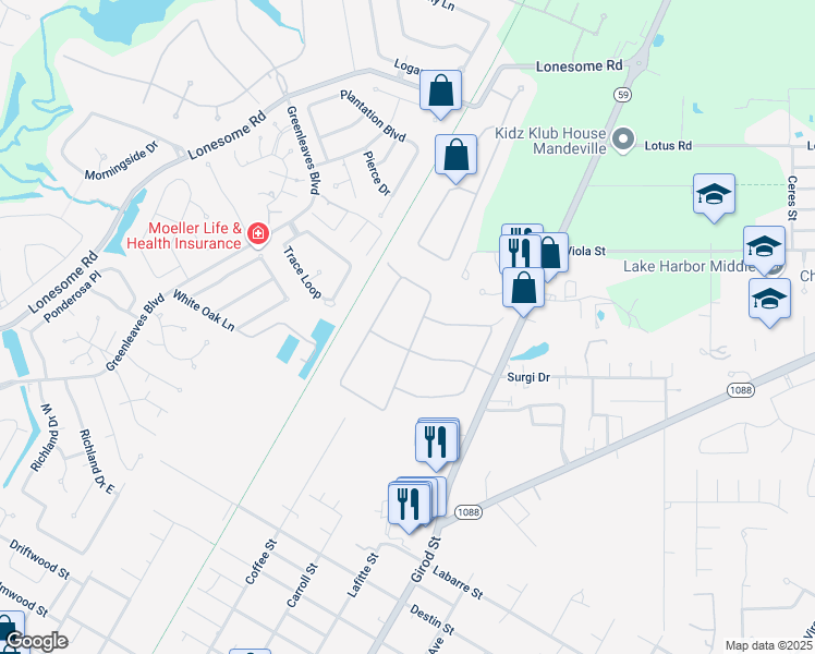 map of restaurants, bars, coffee shops, grocery stores, and more near 304 Winchester Circle in Mandeville