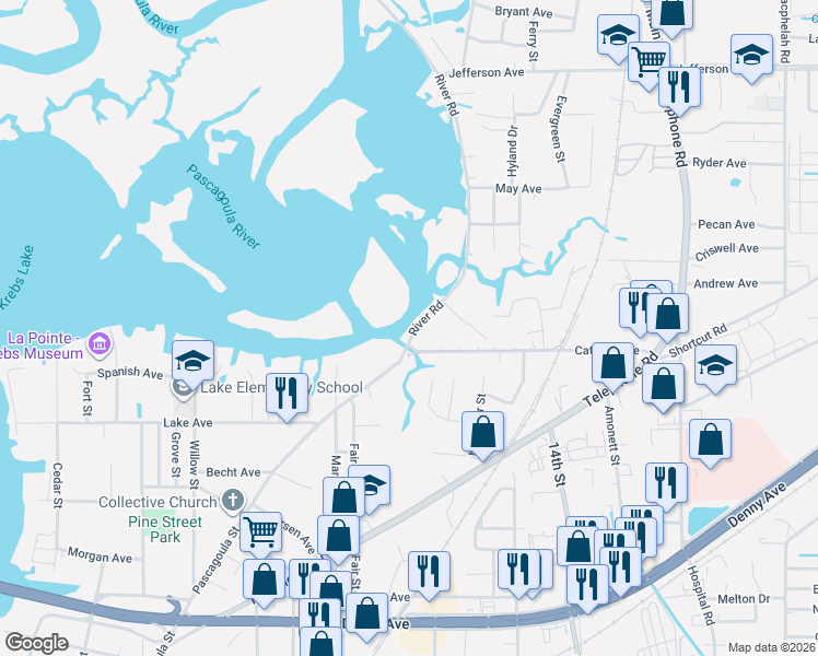 map of restaurants, bars, coffee shops, grocery stores, and more near 4702 River Rd in Pascagoula