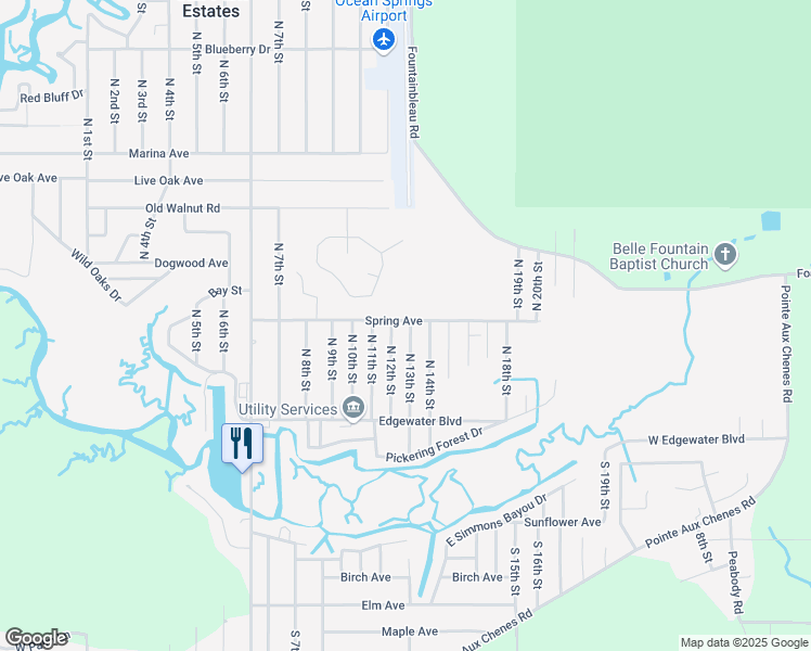 map of restaurants, bars, coffee shops, grocery stores, and more near 2717 North 13th Street in Ocean Springs