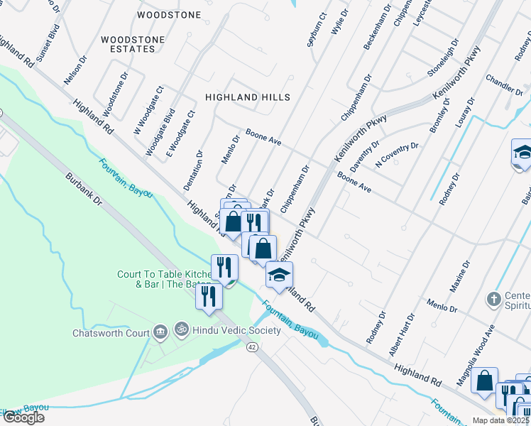 map of restaurants, bars, coffee shops, grocery stores, and more near 264 Highland Park Drive in Baton Rouge