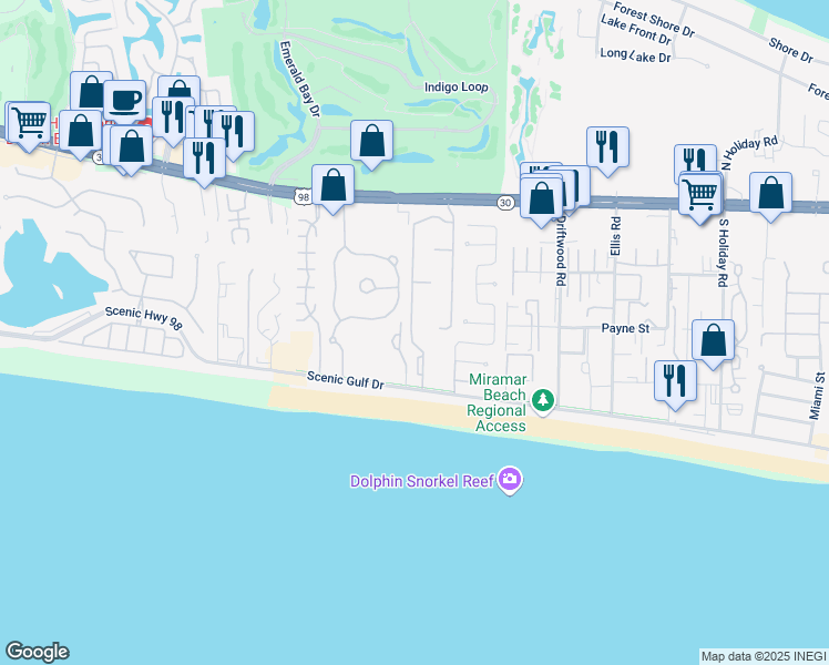 map of restaurants, bars, coffee shops, grocery stores, and more near 288 Maravilla Drive in Miramar Beach