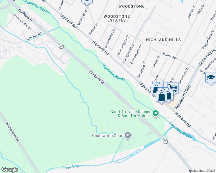 map of restaurants, bars, coffee shops, grocery stores, and more near Burbank Drive in Baton Rouge