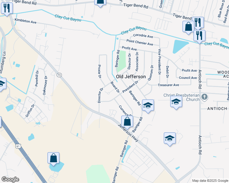 map of restaurants, bars, coffee shops, grocery stores, and more near 14641 Charter Place in Baton Rouge