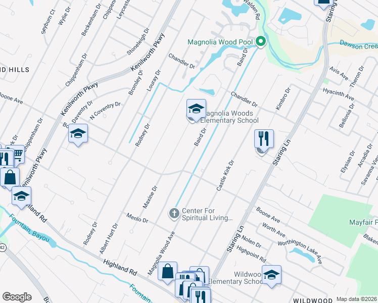 map of restaurants, bars, coffee shops, grocery stores, and more near 661 Baird Drive in Baton Rouge