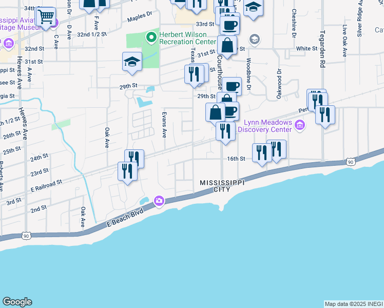 map of restaurants, bars, coffee shops, grocery stores, and more near 307 Texas Avenue in Gulfport