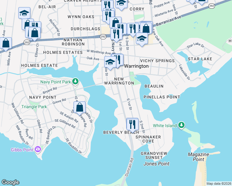 map of restaurants, bars, coffee shops, grocery stores, and more near 425 South Navy Boulevard in Pensacola