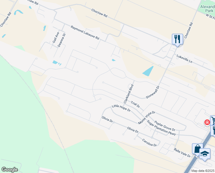 map of restaurants, bars, coffee shops, grocery stores, and more near 4679 Stonewall Drive in Addis