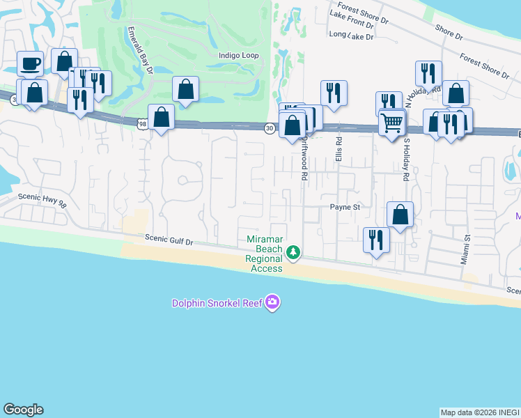 map of restaurants, bars, coffee shops, grocery stores, and more near 15 Tristram Way in Miramar Beach