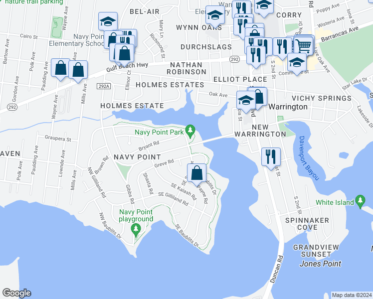 map of restaurants, bars, coffee shops, grocery stores, and more near 203 West Sunset Avenue in Pensacola