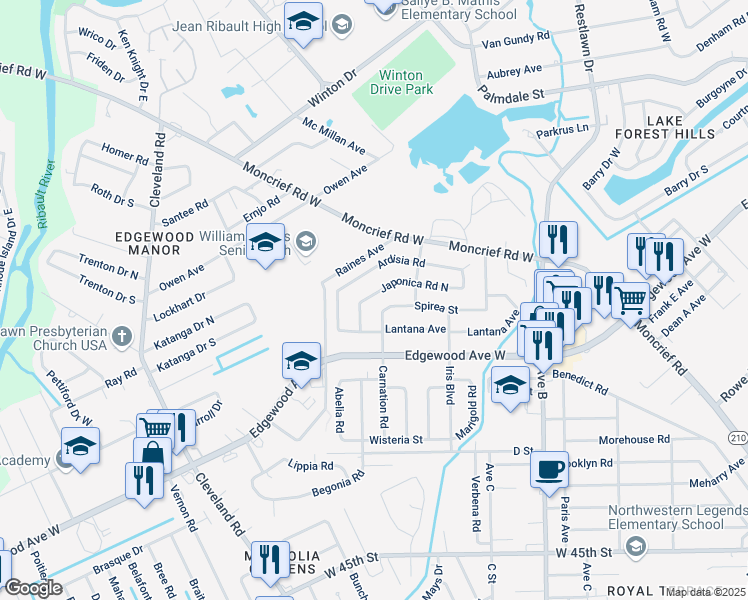 map of restaurants, bars, coffee shops, grocery stores, and more near 3518 Japonica Road West in Jacksonville