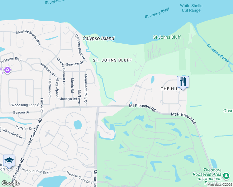 map of restaurants, bars, coffee shops, grocery stores, and more near 12705 Fort Caroline Road in Jacksonville