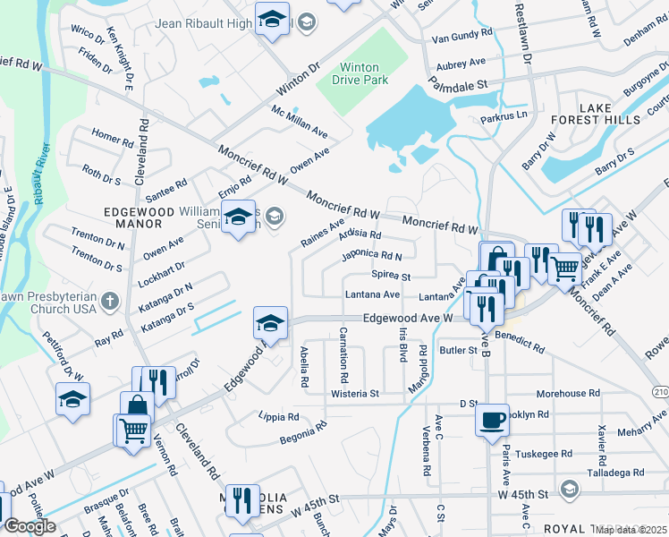 map of restaurants, bars, coffee shops, grocery stores, and more near 3518 Japonica Road West in Jacksonville