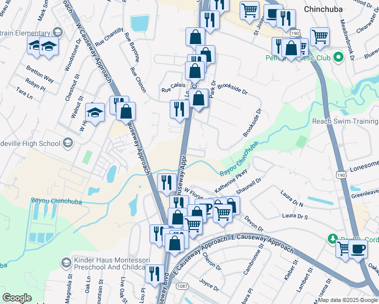 map of restaurants, bars, coffee shops, grocery stores, and more near Unnamed Road in Mandeville