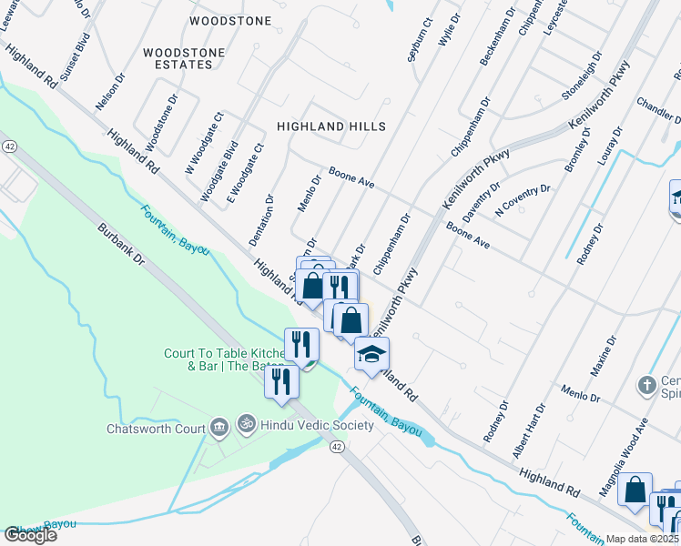 map of restaurants, bars, coffee shops, grocery stores, and more near 264 Highland Park Drive in Baton Rouge