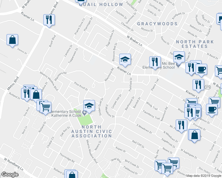 map of restaurants, bars, coffee shops, grocery stores, and more near 1405a Click Cove in Austin