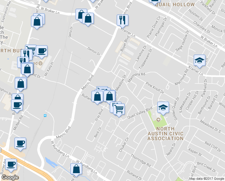map of restaurants, bars, coffee shops, grocery stores, and more near 10304 Little Pebble Drive in Austin