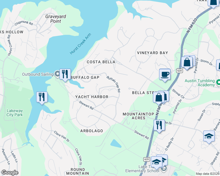 map of restaurants, bars, coffee shops, grocery stores, and more near 16100 Aqua Azul Path in Austin
