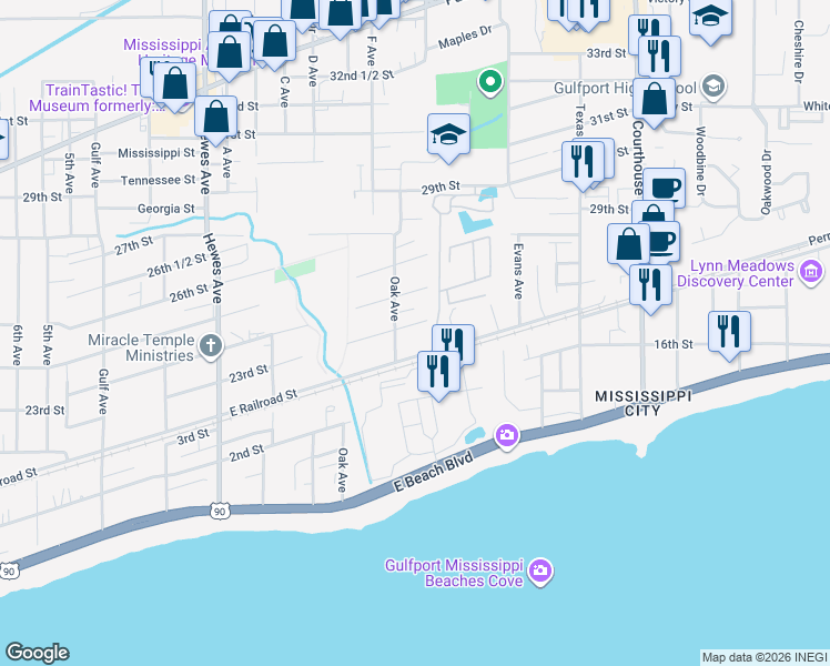 map of restaurants, bars, coffee shops, grocery stores, and more near 129 23rd St in Gulfport