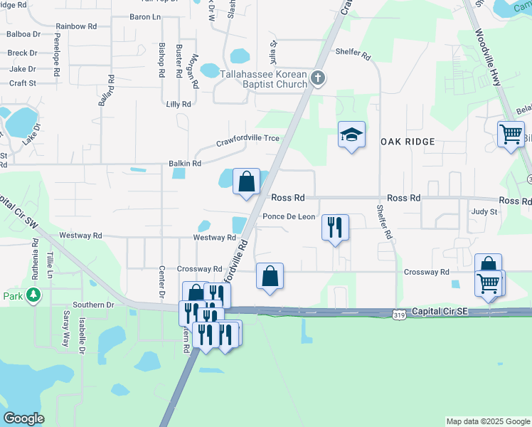 map of restaurants, bars, coffee shops, grocery stores, and more near 104 Ponce De Leon in Tallahassee