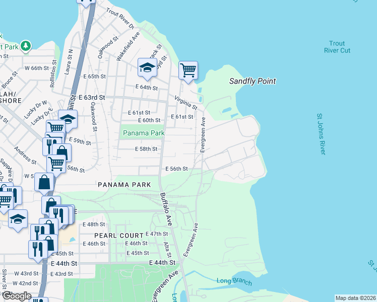 map of restaurants, bars, coffee shops, grocery stores, and more near 791 East 57th Street in Jacksonville